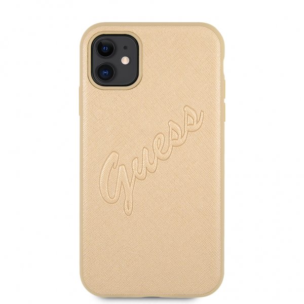 Guess iPhone 11 Skal Saffiano Vintage Script Guld