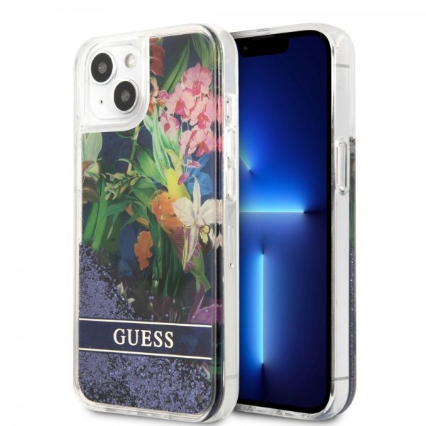 Guess iPhone 13 Mini Skal Liquid Glitter Flower Pattern Blå