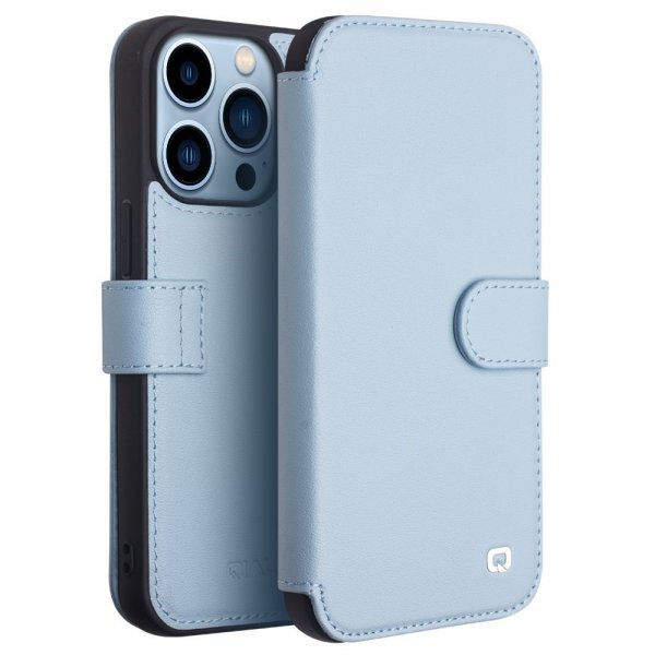 Qialino iPhone 13 Pro Fodral Äkta läder Kortfack Blå