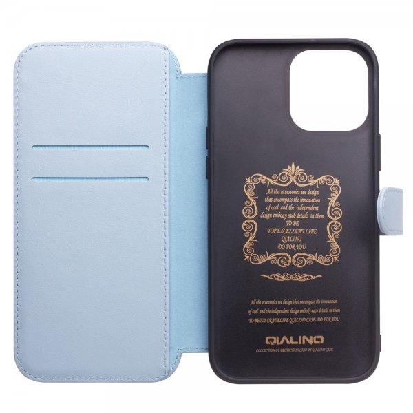 Qialino iPhone 13 Pro Fodral Äkta läder Kortfack Blå