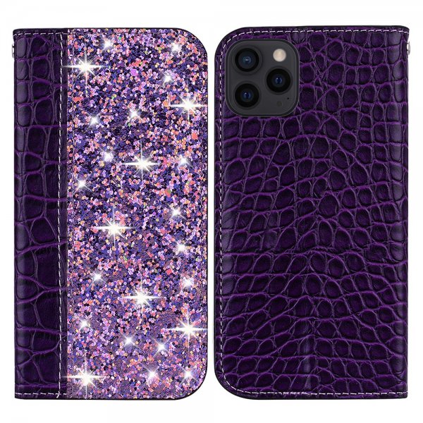 iPhone 13 Pro Fodral Krokodilmönster Glitter Flip Lila