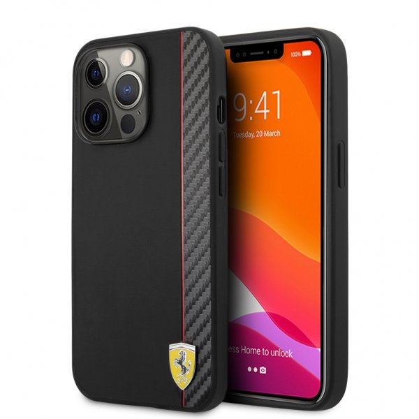 Ferrari iPhone 13 Pro Max Skal Carbon Effect Metal Logo Vertical Stripe Svart