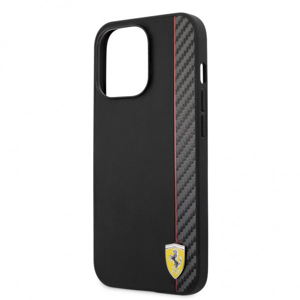 Ferrari iPhone 13 Pro Max Skal Carbon Effect Metal Logo Vertical Stripe Svart