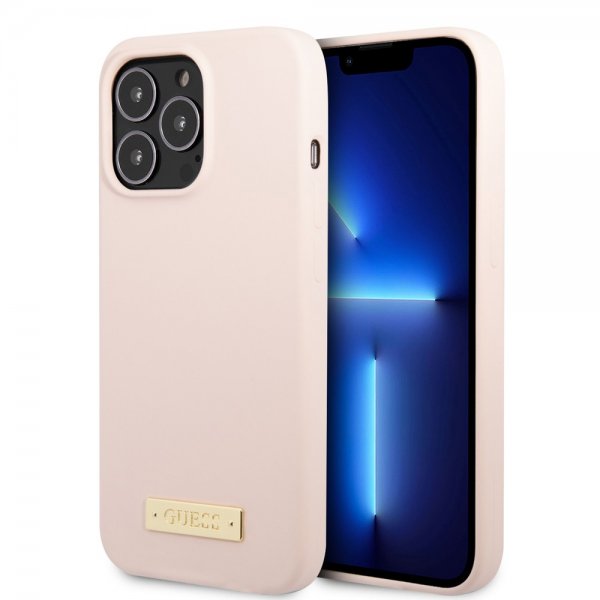 Guess iPhone 13 Pro Max Skal Silicone Metal Plate MagSafe Rosa