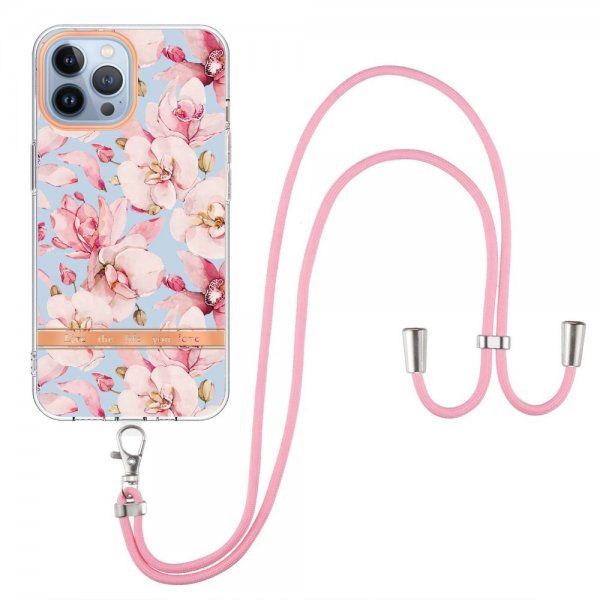 iPhone 13 Pro Skal Blommönster Strap Rosa Gardenia