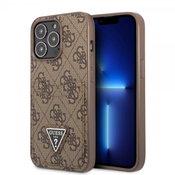 Guess iPhone 13 Pro Skal Double Cardslot Metal Triangle Brun