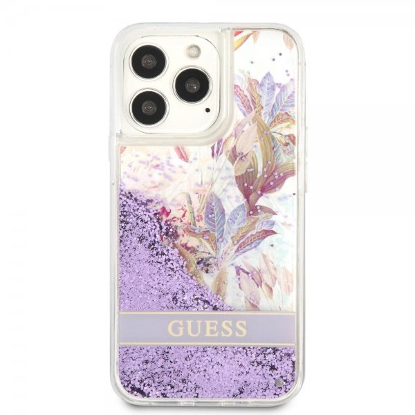Guess iPhone 13 Pro Skal Liquid Glitter Flower Pattern Lila