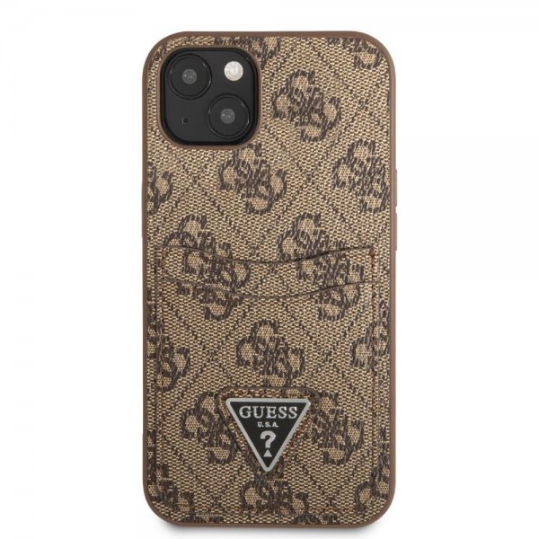 Guess iPhone 13 Skal Double Cardslot Metal Triangle Brun