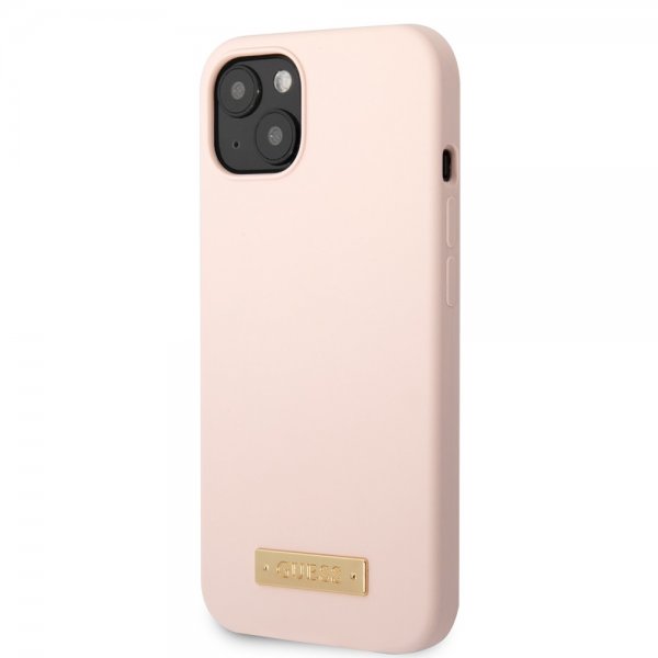 Guess iPhone 13 Skal Silicone Metal Plate MagSafe Rosa