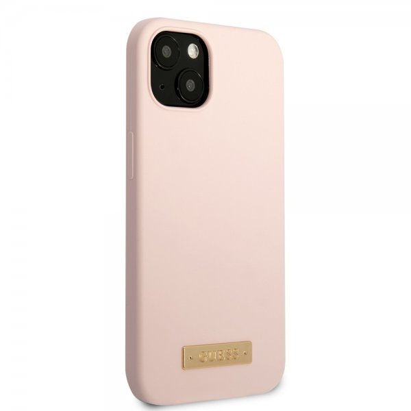 Guess iPhone 13 Skal Silicone Metal Plate MagSafe Rosa