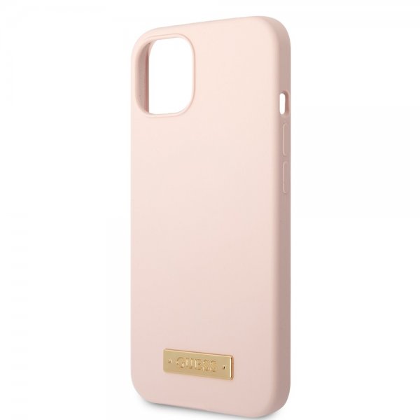 Guess iPhone 13 Skal Silicone Metal Plate MagSafe Rosa