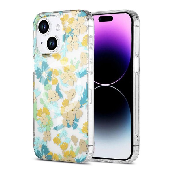 iPhone 13/iPhone 14 Skal Blommönster MagSafe Turkos