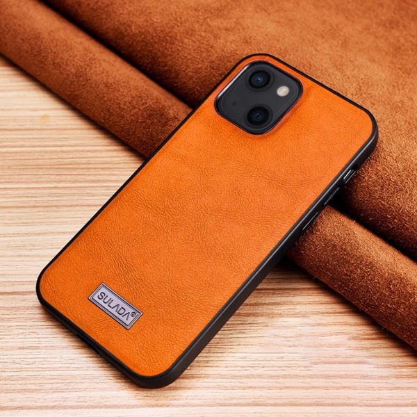 Sulada iPhone 14 Plus Skal Lädertextur Orange