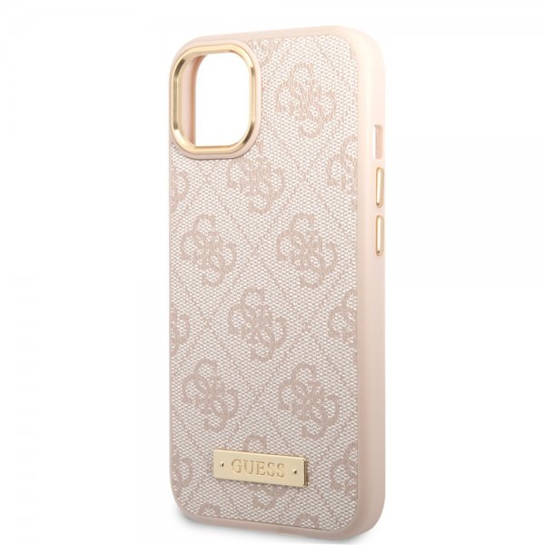 Guess iPhone 14 Plus Skal Metal Plate Logo MagSafe Rosa