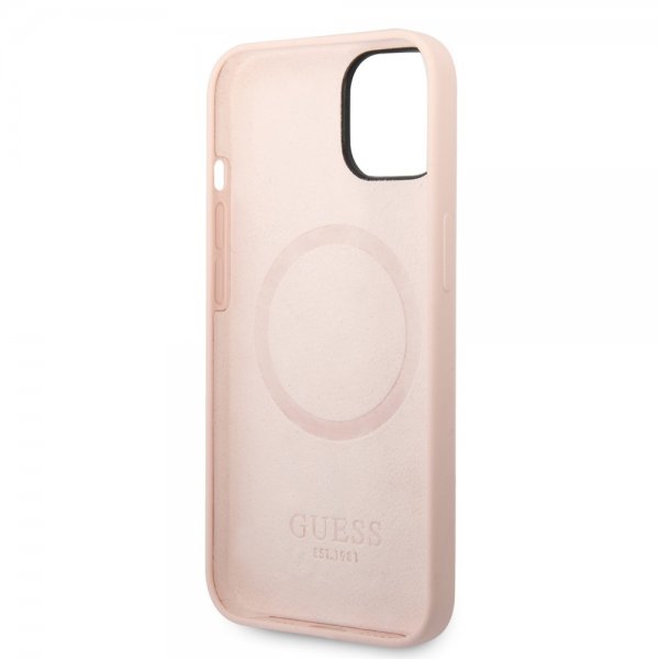 Guess iPhone 14 Plus Skal Silicone Metal Plate MagSafe Rosa