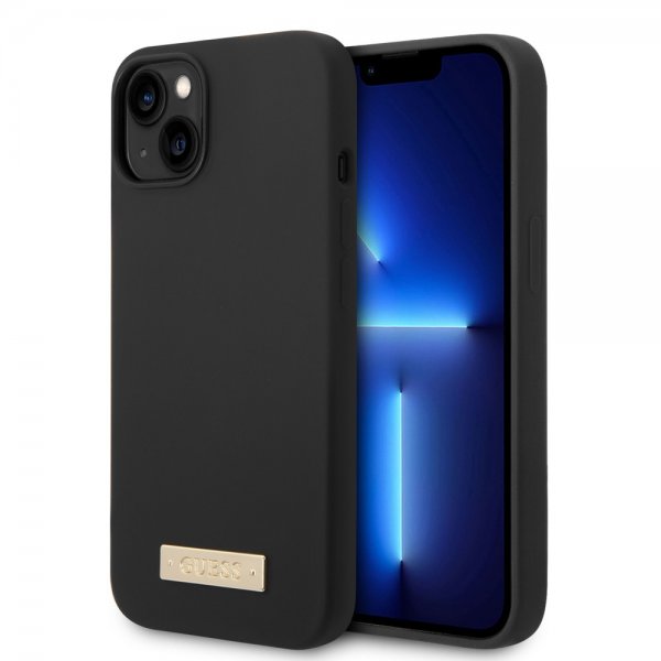 Guess iPhone 14 Plus Skal Silicone Metal Plate MagSafe Svart