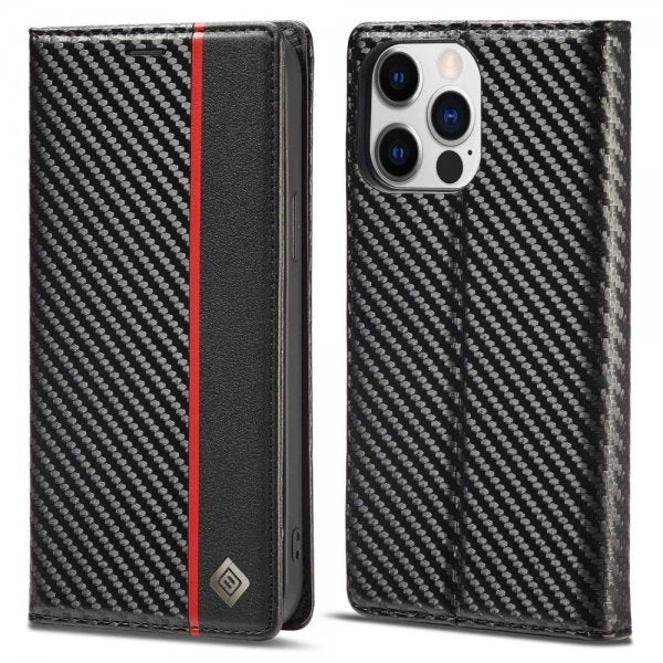 Lc.Imeeke iPhone 14 Pro Fodral Kolfibertextur Röd Stripe Vertical