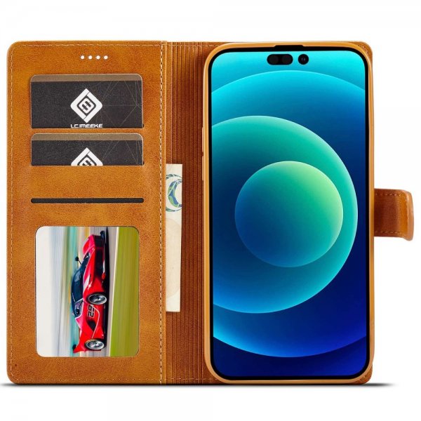 Lc.Imeeke iPhone 14 Pro Fodral med Kortfack Stativfunktion Ljusbrun