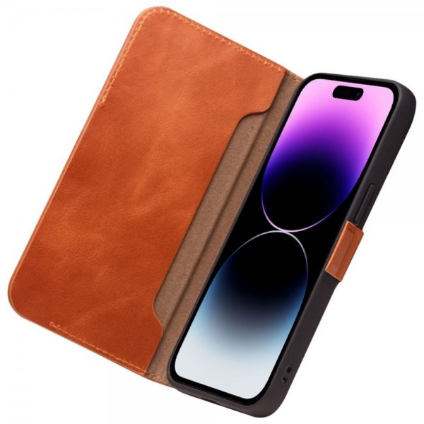 Qialino iPhone 14 Pro Max Fodral Äkta Läder Brun