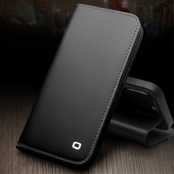 Qialino iPhone 14 Pro Max Fodral Äkta Läder Svart