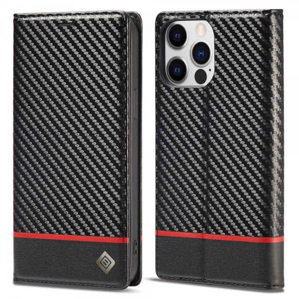 Lc.Imeeke iPhone 14 Pro Max Fodral Kolfibertextur Röd Stripe Horizontal