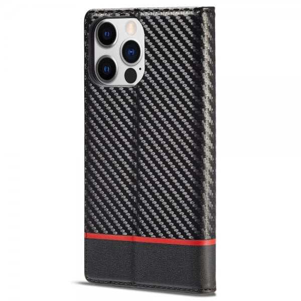 Lc.Imeeke iPhone 14 Pro Max Fodral Kolfibertextur Röd Stripe Horizontal