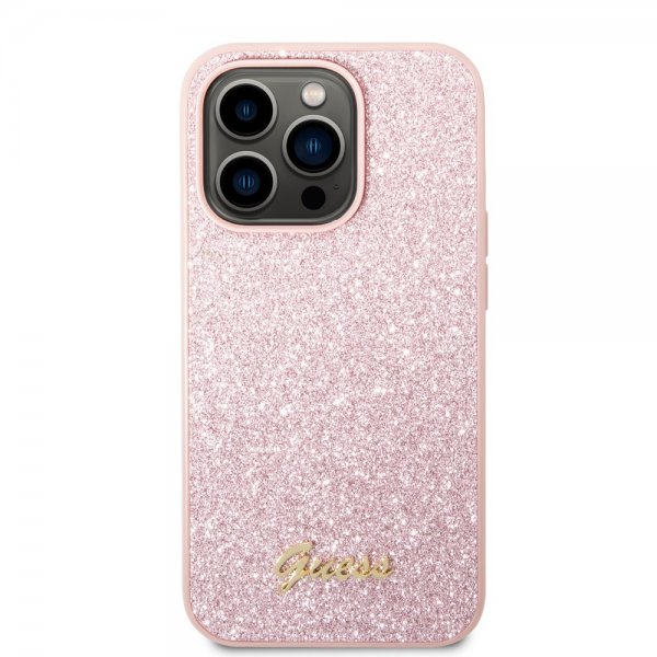 Guess iPhone 14 Pro Max Skal Glitter Flakes Metal Logo Rosa