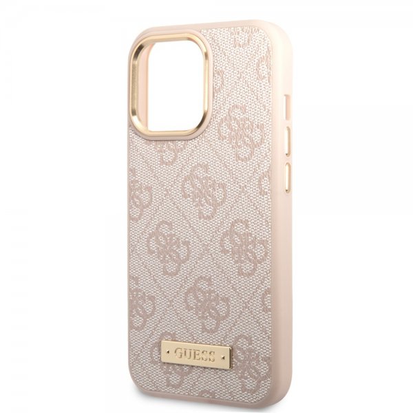 Guess iPhone 14 Pro Max Skal Metal Plate Logo MagSafe Rosa