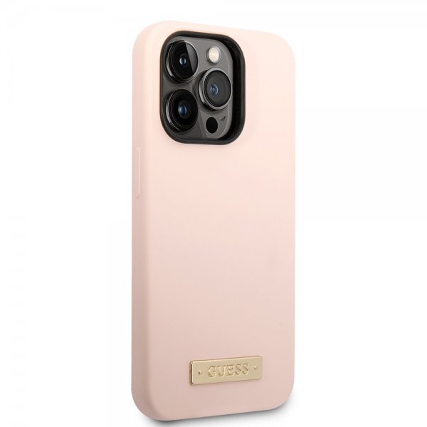 Guess iPhone 14 Pro Max Skal Silicone Metal Plate MagSafe Rosa
