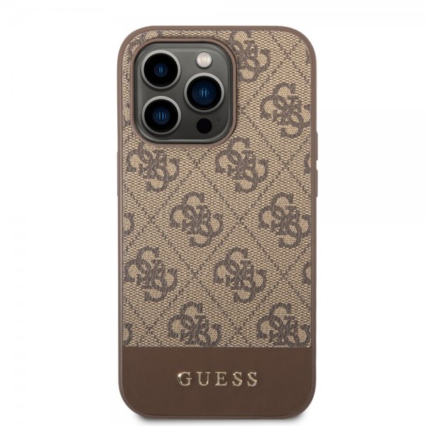 Guess iPhone 14 Pro Skal Bottom Stripe Metal Logo Brun