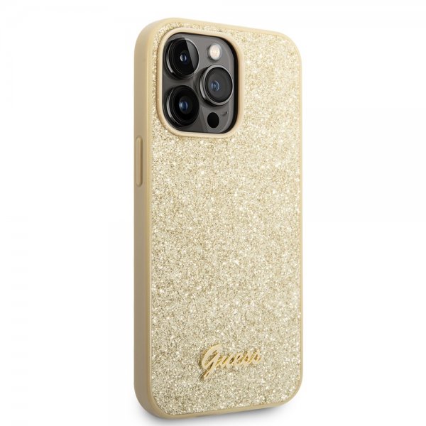 Guess iPhone 14 Pro Skal Glitter Flakes Metal Logo Guld