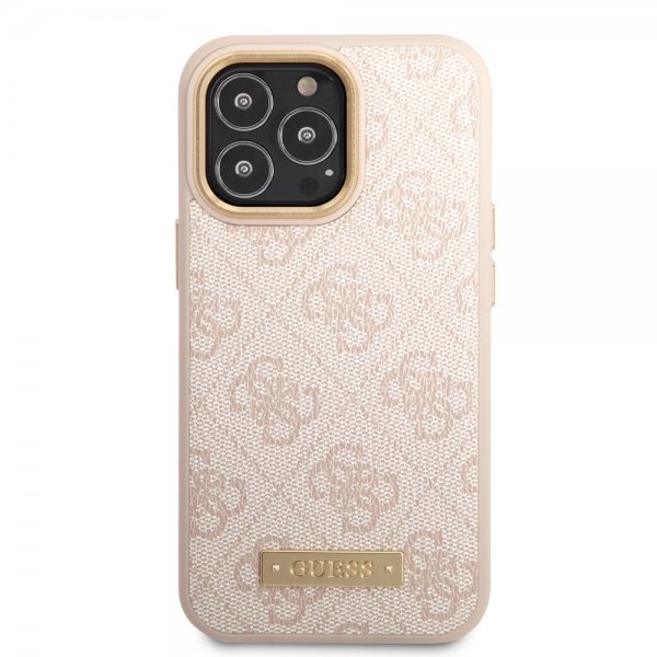 Guess iPhone 14 Pro Skal Metal Plate Logo MagSafe Rosa