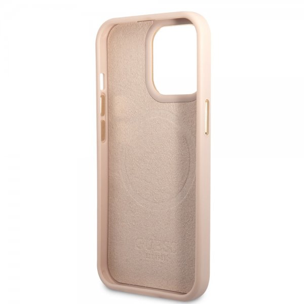 Guess iPhone 14 Pro Skal Metal Plate Logo MagSafe Rosa
