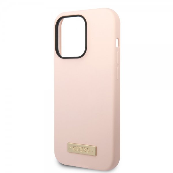 Guess iPhone 14 Pro Skal Silicone Metal Plate MagSafe Rosa