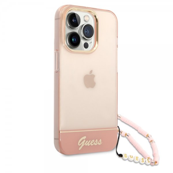 Guess iPhone 14 Pro Skal Translucent with Strap Rosa