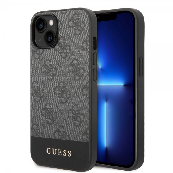 Guess iPhone 14 Skal Bottom Stripe Metal Logo Grå