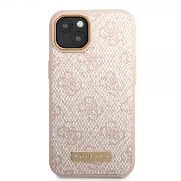 Guess iPhone 14 Skal Metal Plate Logo MagSafe Rosa