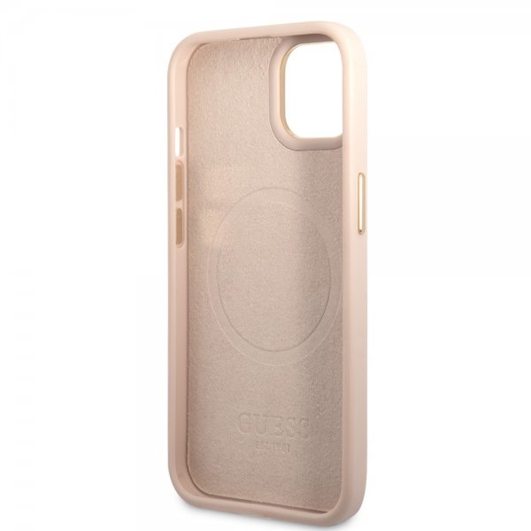 Guess iPhone 14 Skal Metal Plate Logo MagSafe Rosa