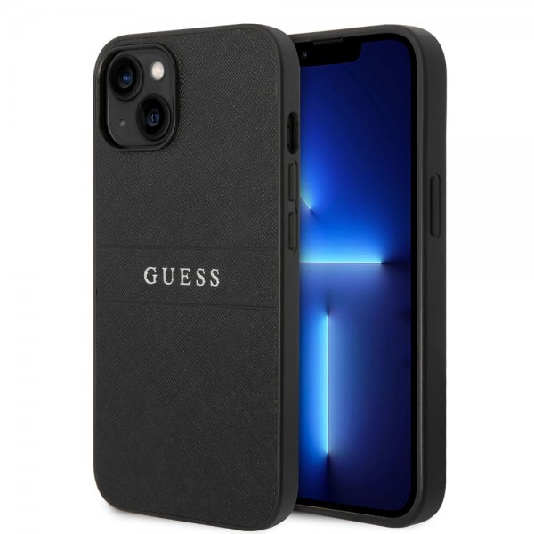 Guess iPhone 14 Skal Saffiano Metal Logo Stripes Svart