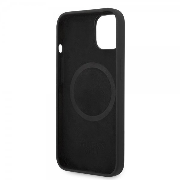 Guess iPhone 14 Skal Silicone Metal Plate MagSafe Svart