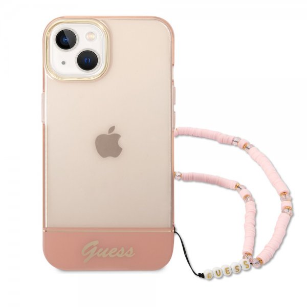Guess iPhone 14 Skal Translucent with Strap Rosa