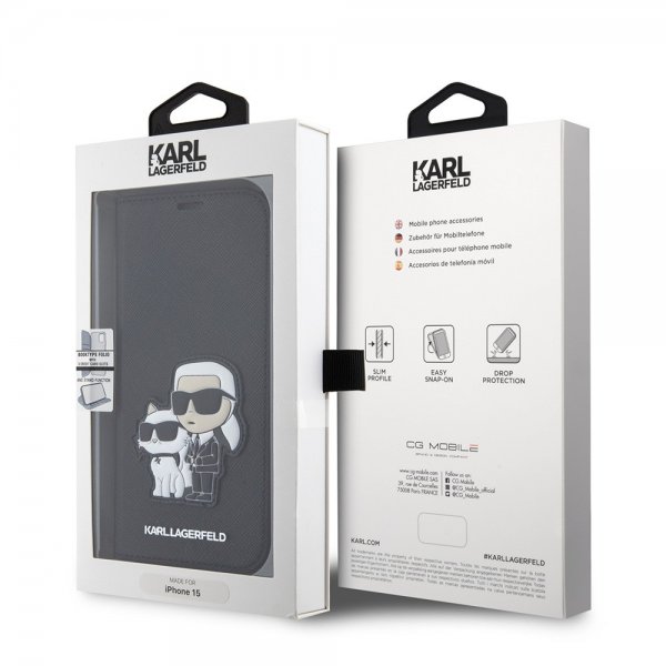 Karl Lagerfeld iPhone 15 Fodral NFT Karl & Choupette Patch Saffiano Svart