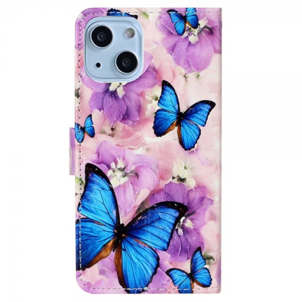 iPhone 15 Plus Fodral Motiv Lila Blommor Blåa Fjärilar