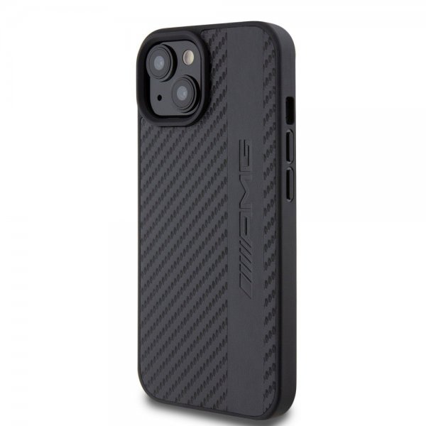 Mercedes Benz iPhone 15 Plus Skal Carbon Effect Leather Stripe AMG Svart