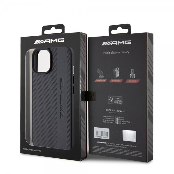 Mercedes Benz iPhone 15 Plus Skal Carbon Effect Leather Stripe AMG Svart