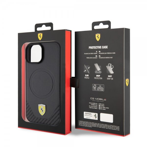 Ferrari iPhone 15 Plus Skal Carbon PU Leather MagSafe Svart