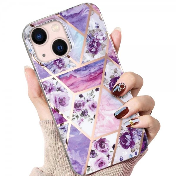 iPhone 15 Plus Skal Marmormönster Blommor Lila