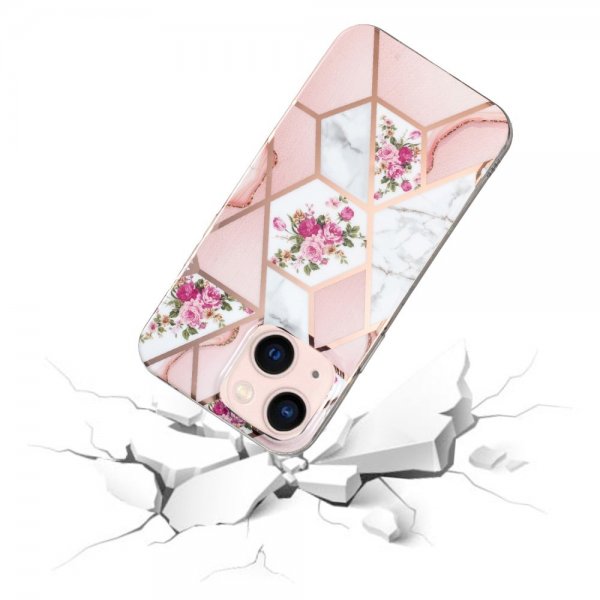iPhone 15 Plus Skal Marmormönster Blommor Rosa