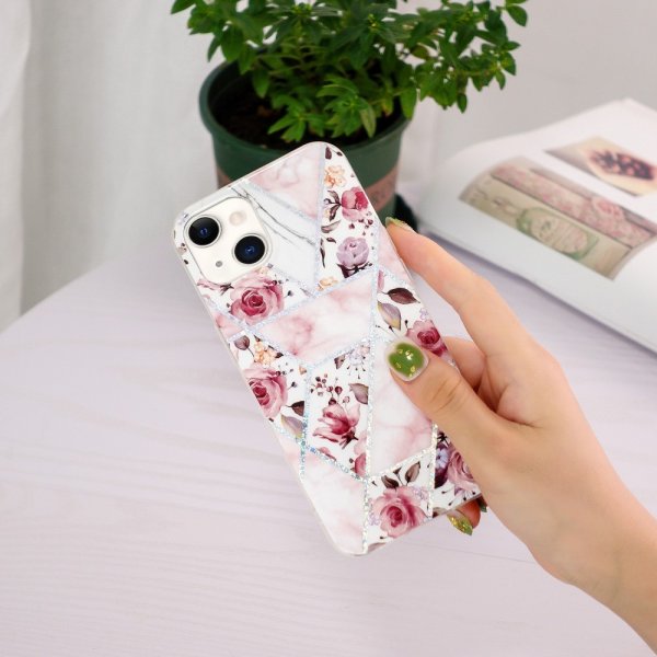 iPhone 15 Plus Skal Marmormönster Rosor Rosa