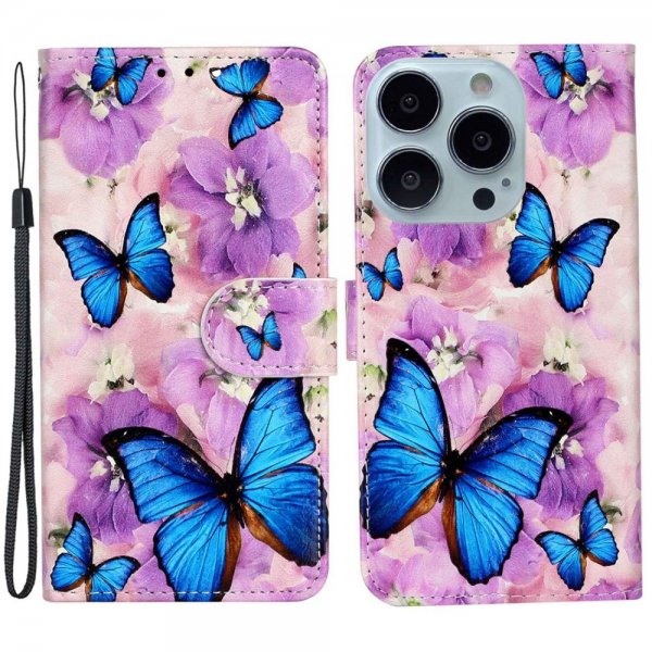 iPhone 15 Pro Fodral Motiv Lila Blommor Blåa Fjärilar
